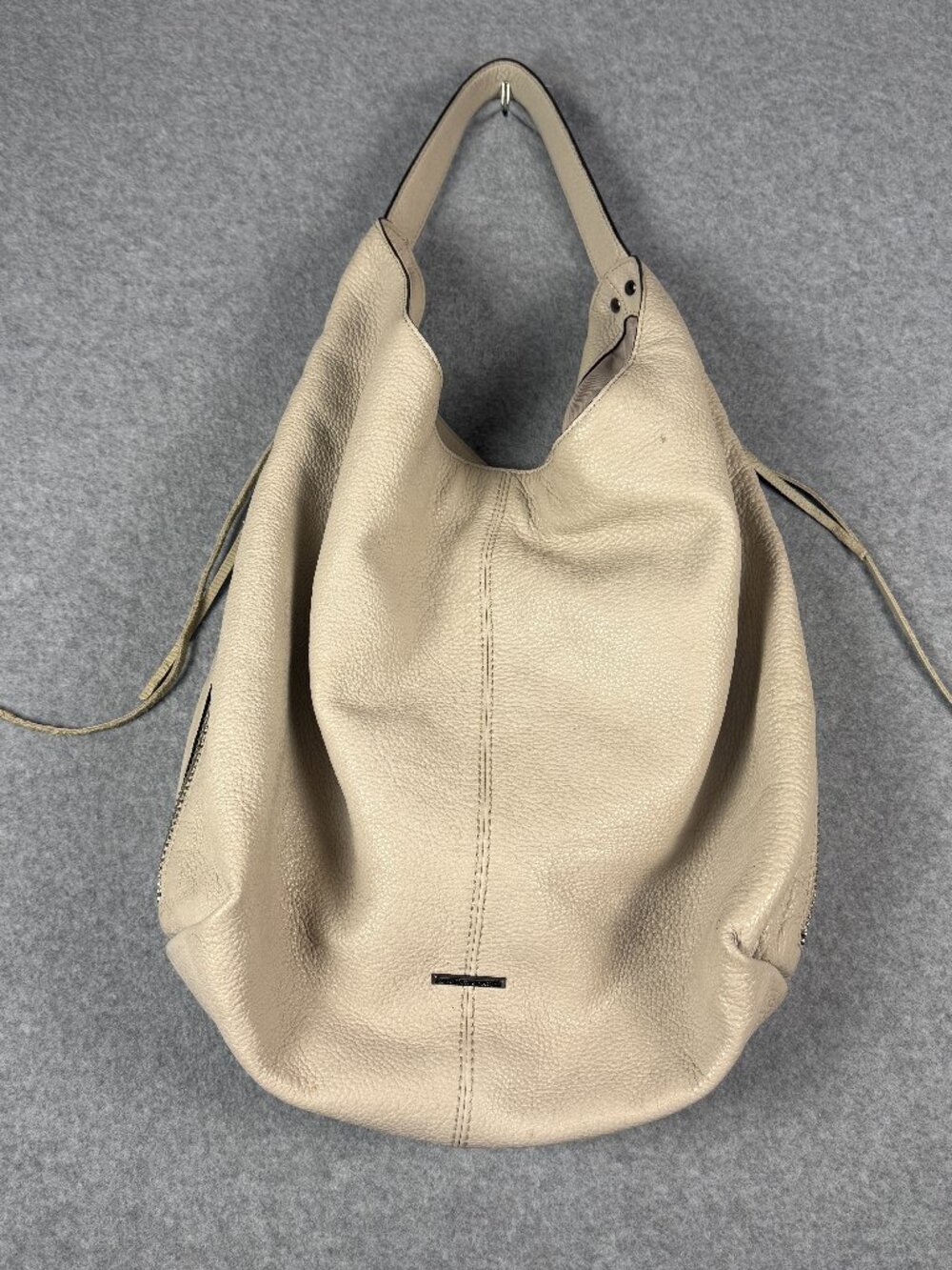 REBECCA MINKOFF Large Bryn Double Zip Hobo Almond/Silver Leather Shoulder Bag